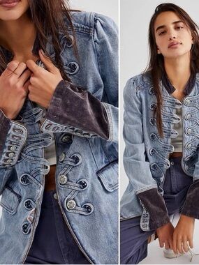 NWT BlueVelvet Blue Washed 2 Tone Denim Military-Style Jean Jacket size Large